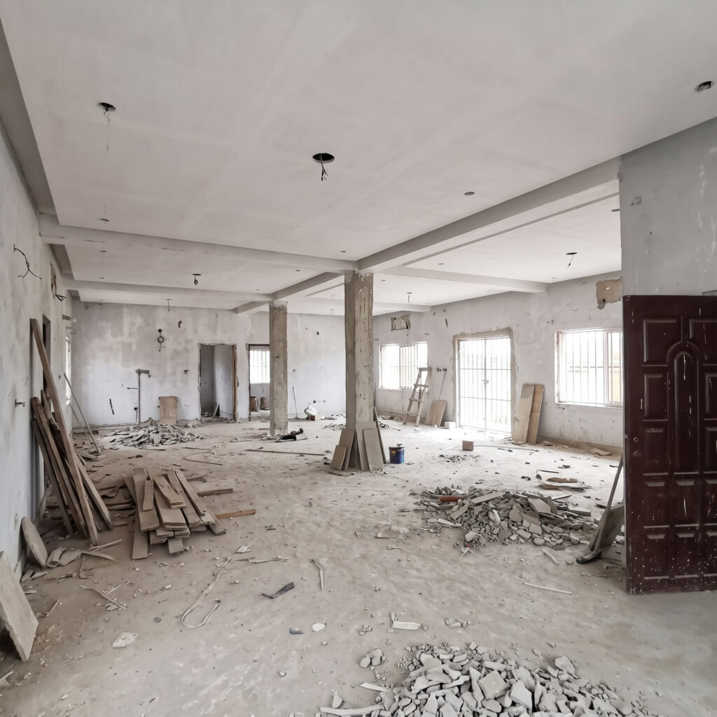 Entkernter Innenraum mit freigelegtem Beton und Bauschutt