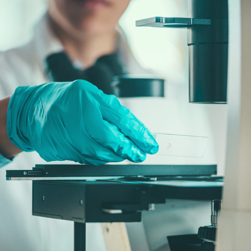 Laboranalyse einer Materialprobe unter dem Mikroskop